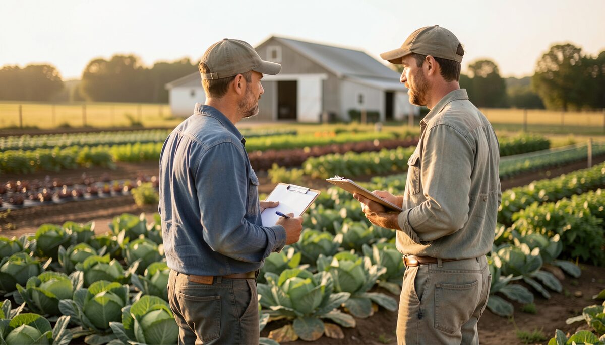 Two growers in work clothes talking at the edge of a vegetable field in golden light, one holding a clipboard turned away from the camera so nothing on it is readable, a barn far behind
