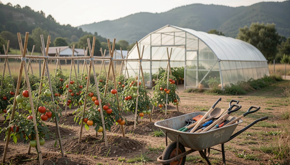 Rows of staked tomatoes and a high tunnel behind, mountains of tools in a wheelbarrow in the foreground.