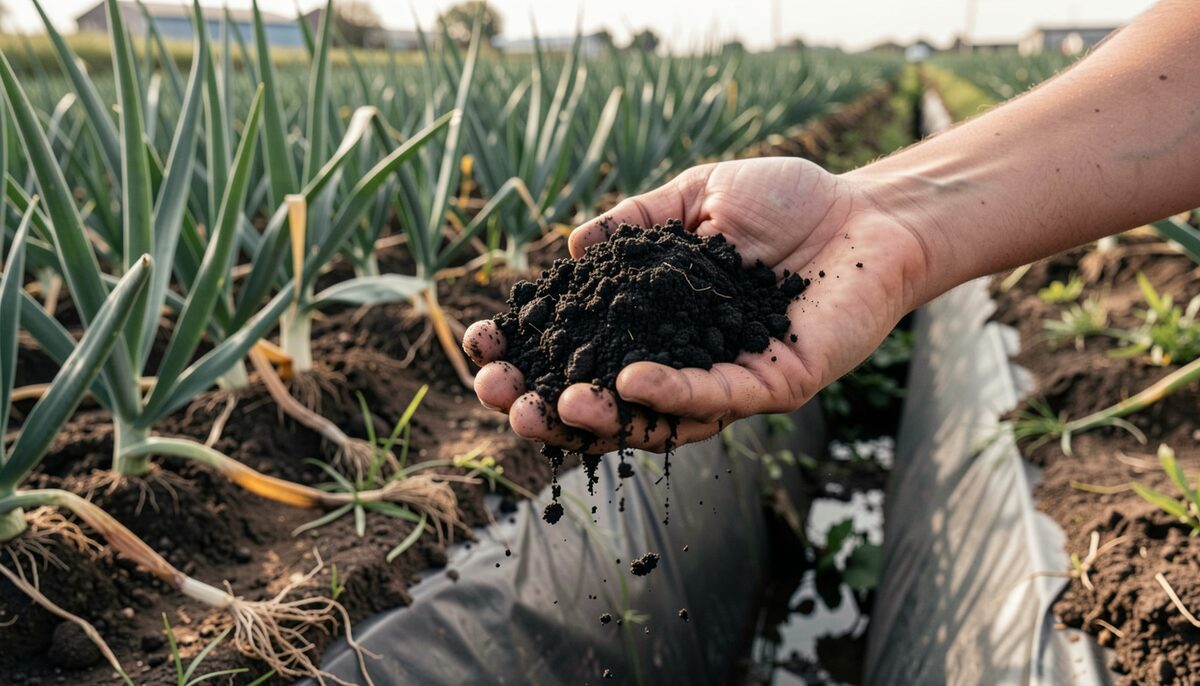 Dark black soil crumbly in a hand above a field of onions, drainage ditch at the edge.