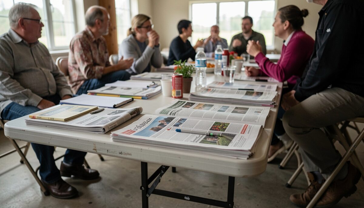 A folding table of newspapers and printed bulletins at a growers meeting, people talking in the background.