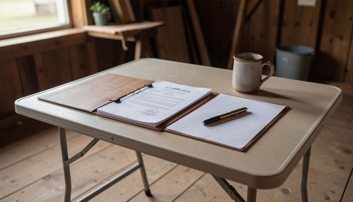A folder of certification paperwork open on a folding table in a barn office, a coffee mug and a pen resting on it.