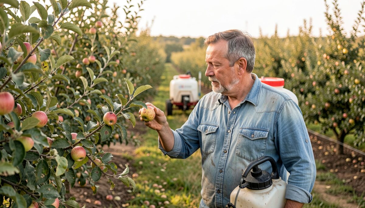 A grower examining a spotted apple leaf in an orchard, sprayer parked at the end of the row.